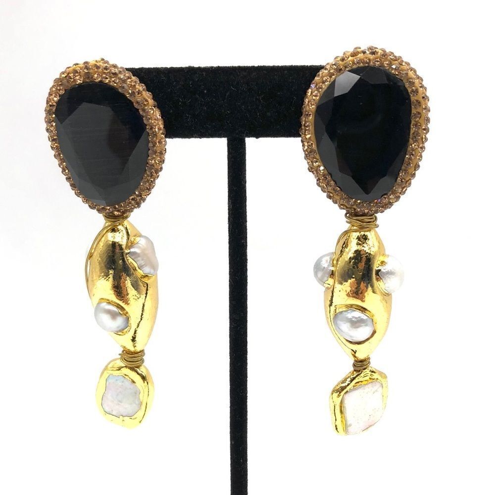💝Dangle Earrings w/ simulated Onyx&Motherof Pearl
